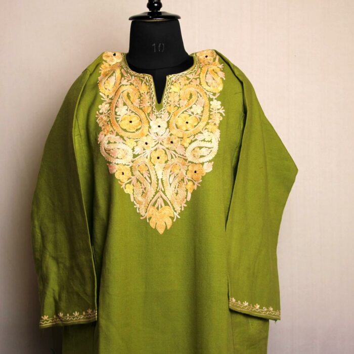 Kashmiri Pheran - Parrot Green With Aari Embroidery