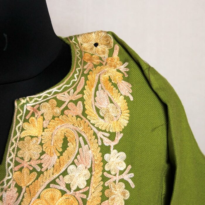 Kashmiri Pheran - Parrot Green With Aari Embroidery - Image 3