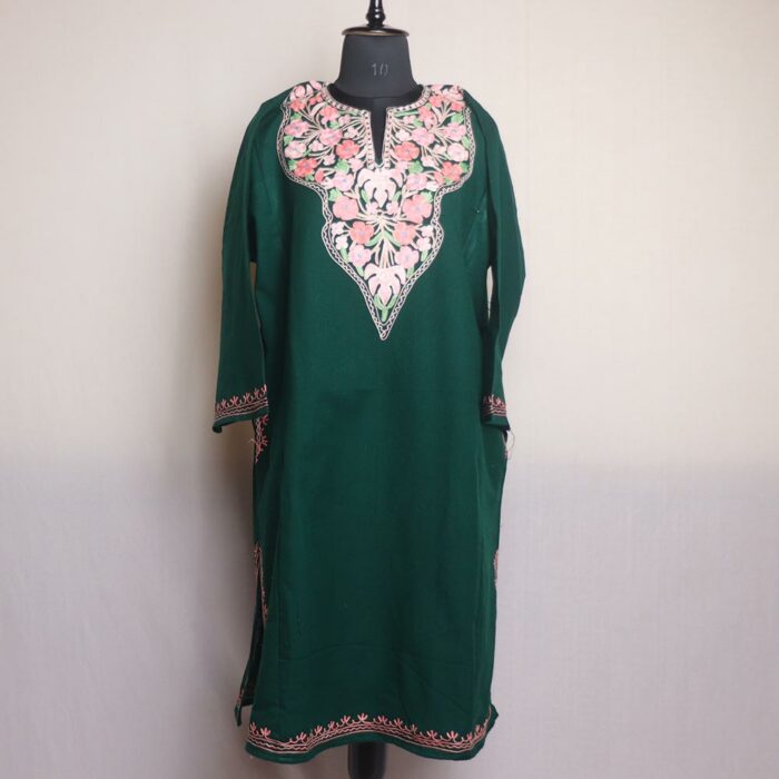 Dark Green Chinari Kashmiri Pheran With Aari Work