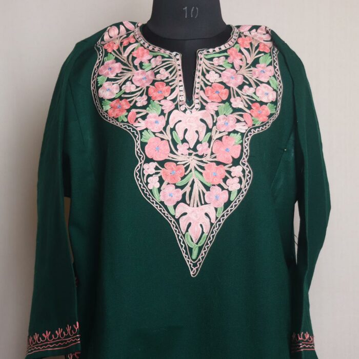 Dark Green Chinari Kashmiri Pheran With Aari Work - Image 3