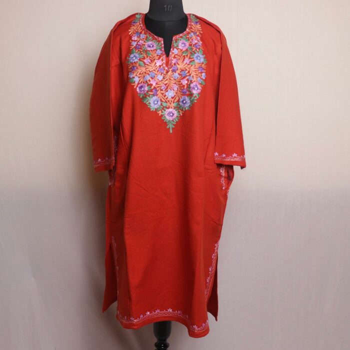 Rustic Red Kashmiri Pheran With Aari Work