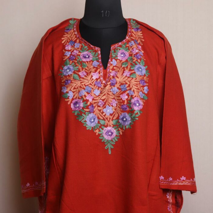 Rustic Red Kashmiri Pheran With Aari Work - Image 2