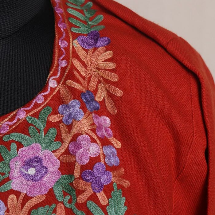 Rustic Red Kashmiri Pheran With Aari Work - Image 3