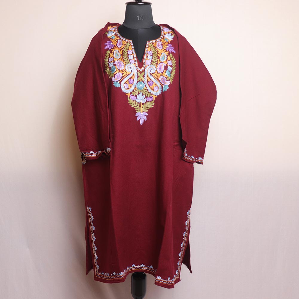 Maroon - Handwoven Aari Embroidered Kashmiri Merino Wool Pheran 10
