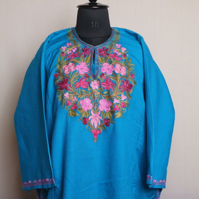 Ferozi Blue Kashmiri Pheran With Aari Work - Image 2