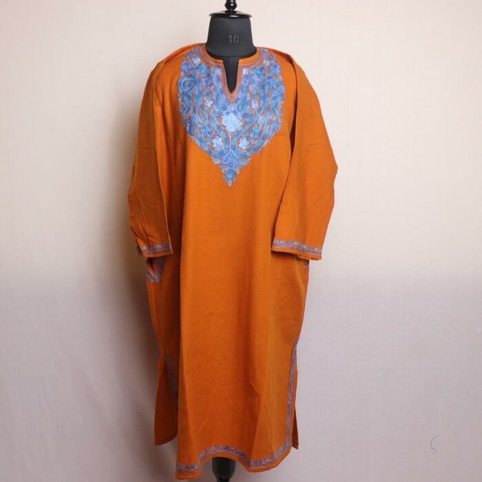 Benazir Dark Mustard Pheran With Aari Work