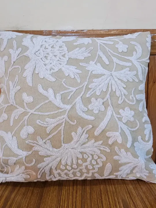 Crewel Embroidery Throw Pillow Case Covers Square Cushion Cover for Home Decorative 16x16 inches(40x40cm) (Beige, 2 Pieces)