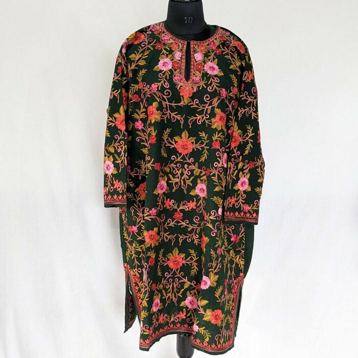 Khanyari Dark Green Pure Wool Jaal Aari All Over Kashmiri Pheran