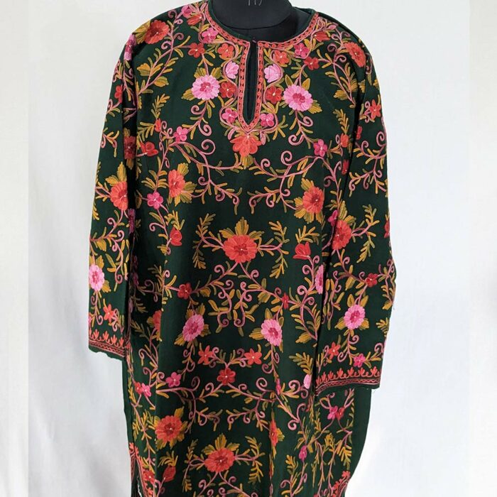 Khanyari Dark Green Pure Wool Jaal Aari All Over Kashmiri Pheran - Image 2