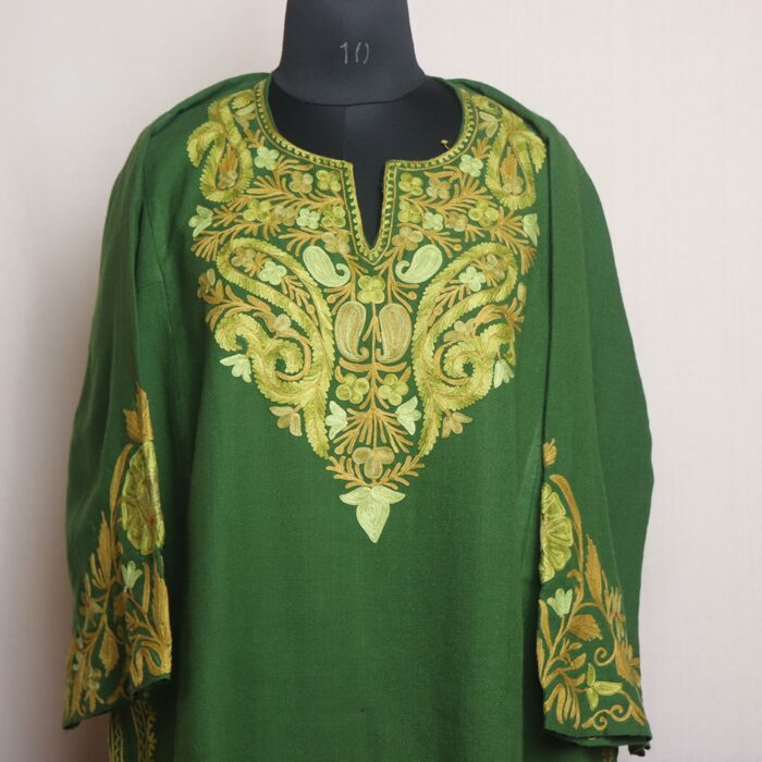 Green Sharmine Kashmiri Pheran With Aari Work - Image 2