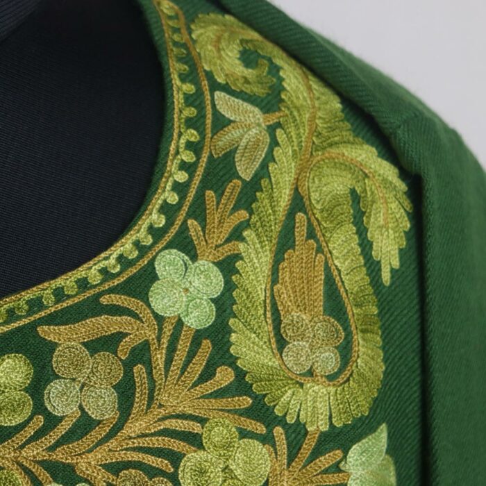 Green Sharmine Kashmiri Pheran With Aari Work - Image 3