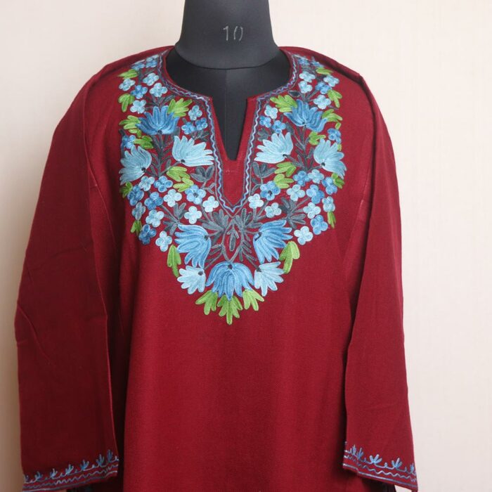 Maroon Aabhshar Kashmiri Pheran With Aari Work - Image 2
