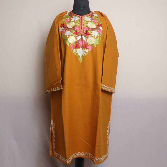 Mustard Noori Kashmiri Pheran With Aari Work