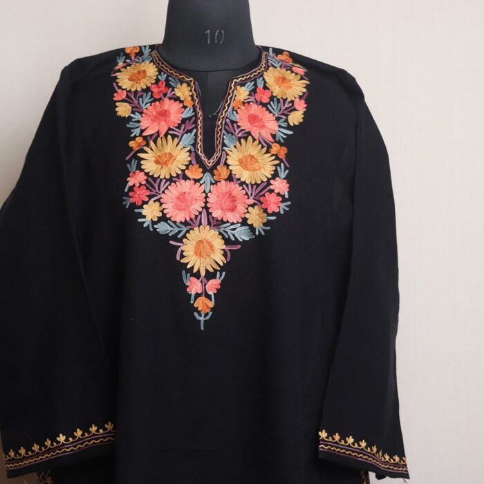 Sleek Black Kashmiri Pheran with Aari Embroidery - Image 2