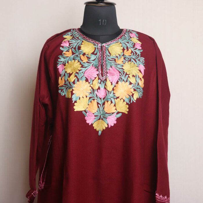 Timeless Maroon Kashmiri Pheran with Aari Embroidery - Image 2
