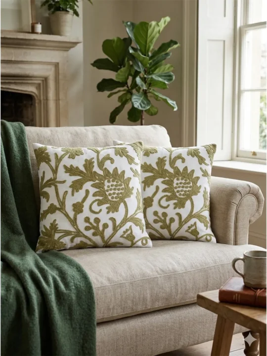 Beige on White Kashmiri Hand Embroidery Crewel Cushion Cover - Set of 2 (16x16 Inches)