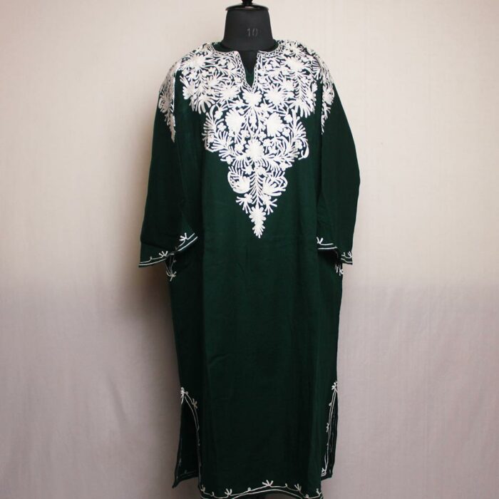 Maha Dark Green Kashmiri Pheran With Front Back Aari Embroidery