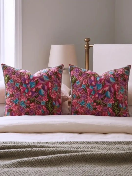 Lakit Posh Kashmiri Hand Embroidery Crewel Cushion Cover - Set of 2 (16x16 Inches)