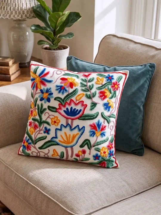 Set of 2 Decorative Cotton Throw/Pillow Cushion Covers with Kashmiri Crewel Embroidery. Cotton Cushion Cover Set for You Sofa, Living Room (16 x 16 Inches)