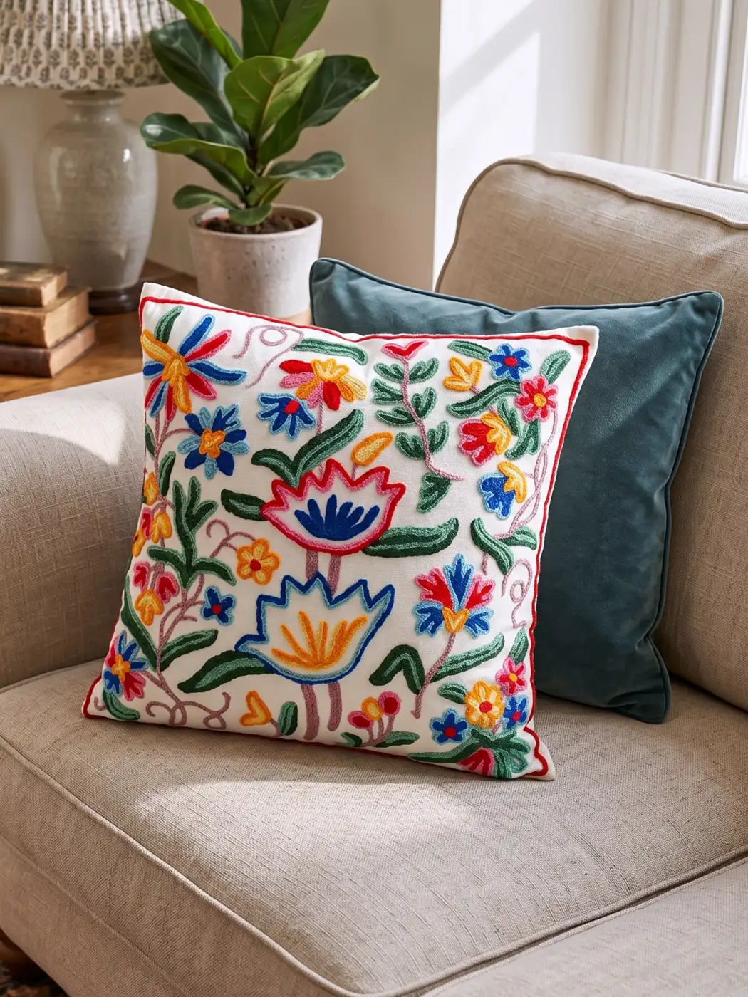 Set of 2 Decorative Cotton Throw/Pillow Cushion Covers with Kashmiri Crewel Embroidery. Cotton Cushion Cover Set for You Sofa, Living Room (16 x 16 Inches)
