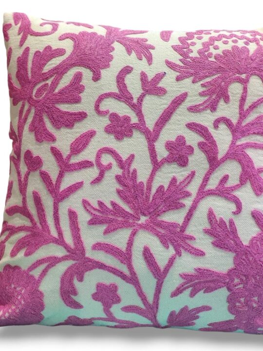 Pink on White Kashmiri Hand Embroidery Crewel Cushion Cover - Set of 2 (16x16 Inches)