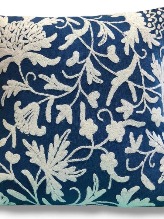 White on Blue Kashmiri Hand Embroidery Crewel Cushion Cover - Set of 2 (16x16 Inches)