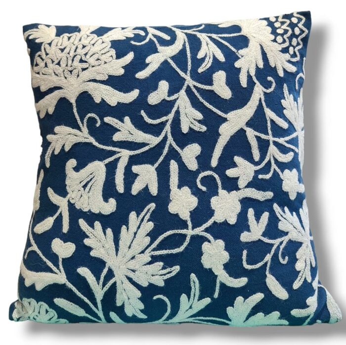 White on Blue Kashmiri Hand Embroidery Crewel Cushion Cover - Set of 2 (16x16 Inches)