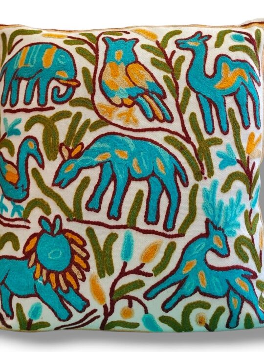 Sabz Fauna Kashmiri Hand Embroidery Crewel Cushion Cover - Set of 2 (16x16 Inches)