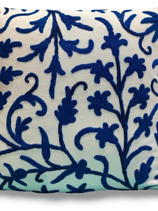 White Blue Kashmiri Hand Embroidery Crewel Cushion Cover - Set of 2 (16x16 Inches)