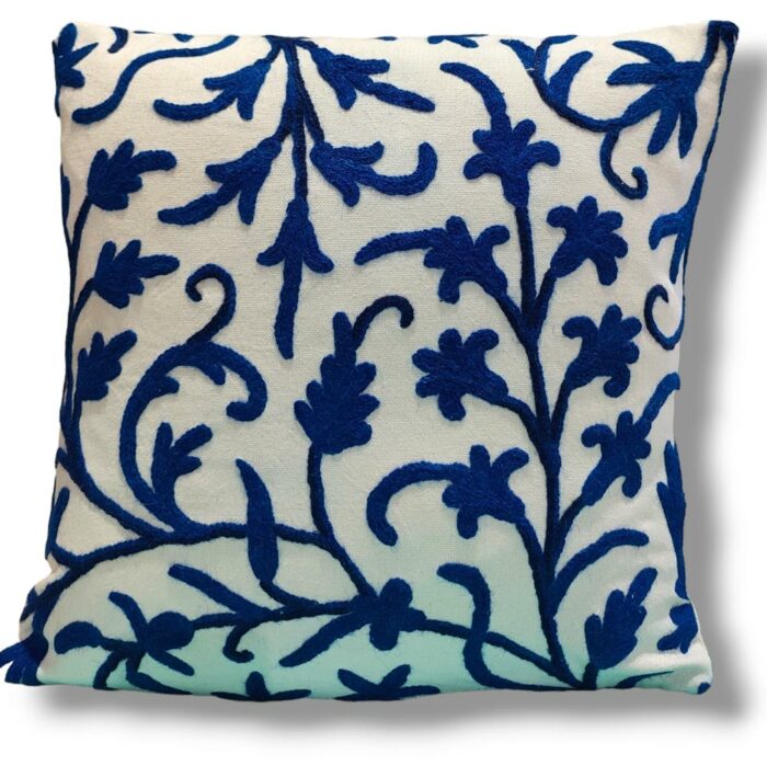 White Blue Kashmiri Hand Embroidery Crewel Cushion Cover - Set of 2 (16x16 Inches)