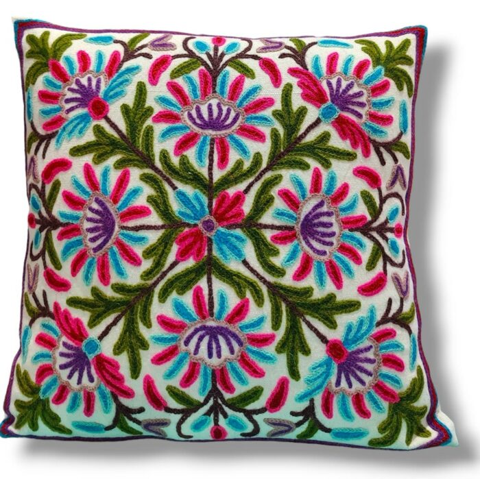 Burza Kashmiri Hand Embroidery Crewel Cushion Cover - Set of 2 (16x16 Inches)