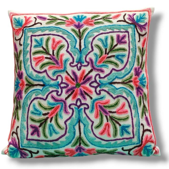 Crewel Embroidered Decorative Throw Pillow Cover 16"x 16", Boho Mandala Modern Thick Embroidery Pattern, Durable Cotton Canvas Soft Cushion Case for Sofa Couch Bed Living Room - Set of 2