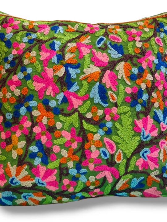 Green Kashmiri Hand Embroidery Crewel Cushion Cover - Set of 2 (16x16 Inches)