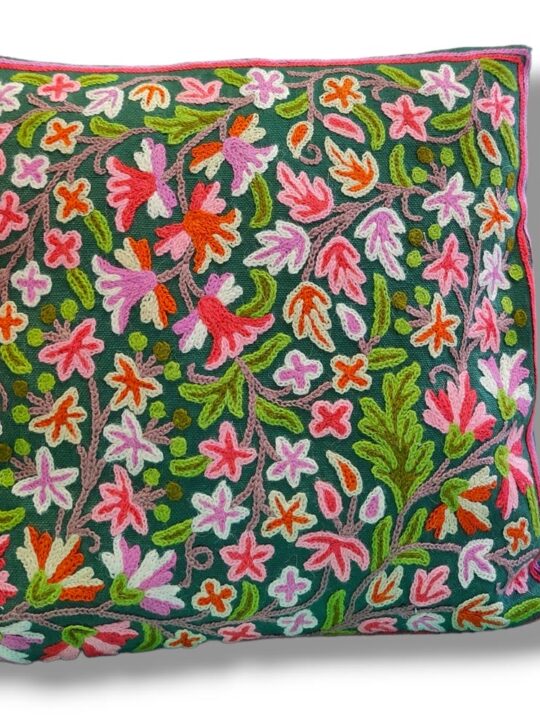 Green Kashmiri Hand Embroidery Crewel Cushion Cover - Set of 2 (16x16 Inches)