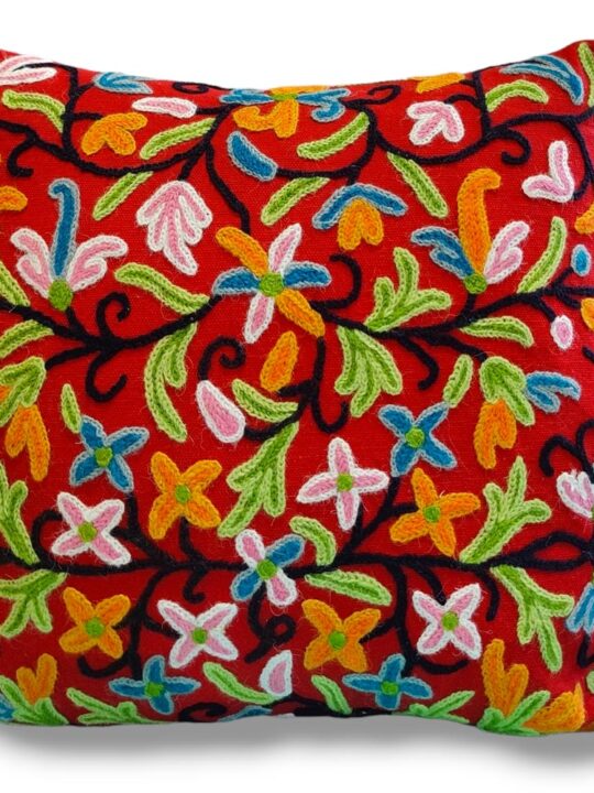 Red Kashmiri Hand Embroidery Crewel Cushion Cover - Set of 2 (16x16 Inches)
