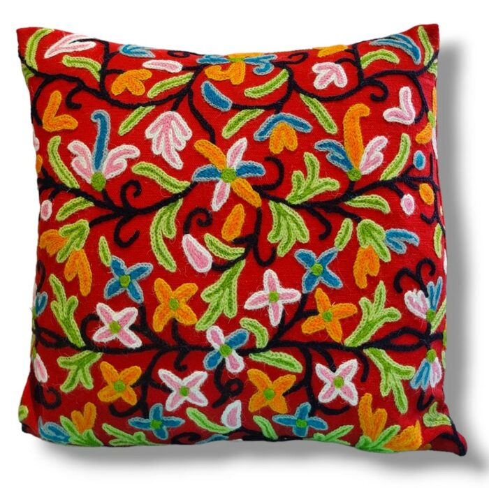 Red Kashmiri Hand Embroidery Crewel Cushion Cover - Set of 2