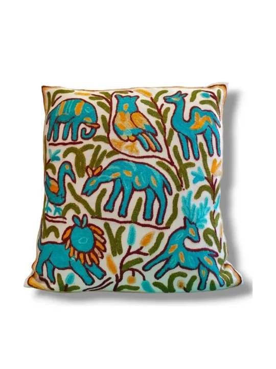 Sabz Fauna Kashmiri Hand Embroidery Crewel Cushion Cover - Set of 2 (16x16 Inches)