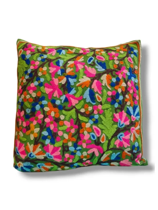 Green Kashmiri Hand Embroidery Crewel Cushion Cover - Set of 2 (16x16 Inches)