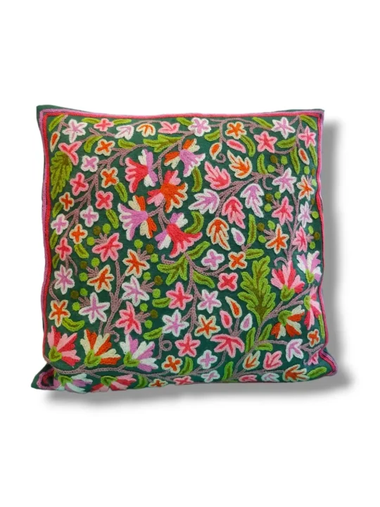 Green Kashmiri Hand Embroidery Crewel Cushion Cover - Set of 2 (16x16 Inches)