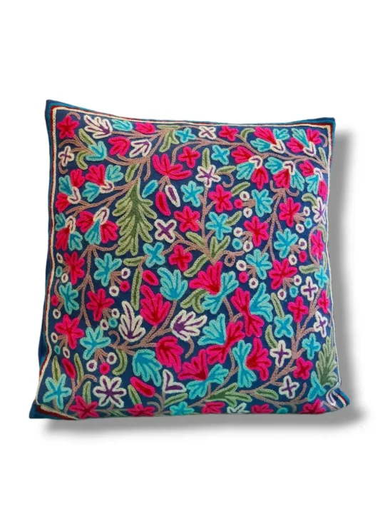 Blue Kashmiri Hand Embroidery Crewel Cushion Cover - Set of 2 (16x16 Inches)