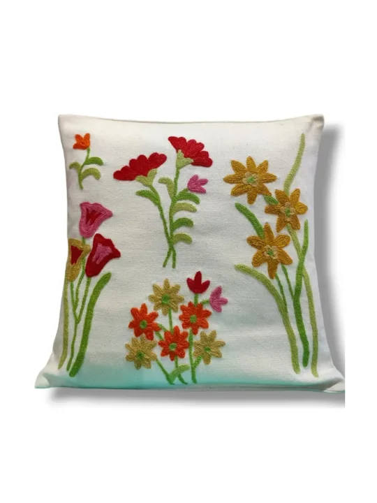 Throw Pillow Case Covers 16x16 Set of 2 Decorative Floral Embroidered Design on Solid Natural White Background for Couch, Sofa - Set of 2