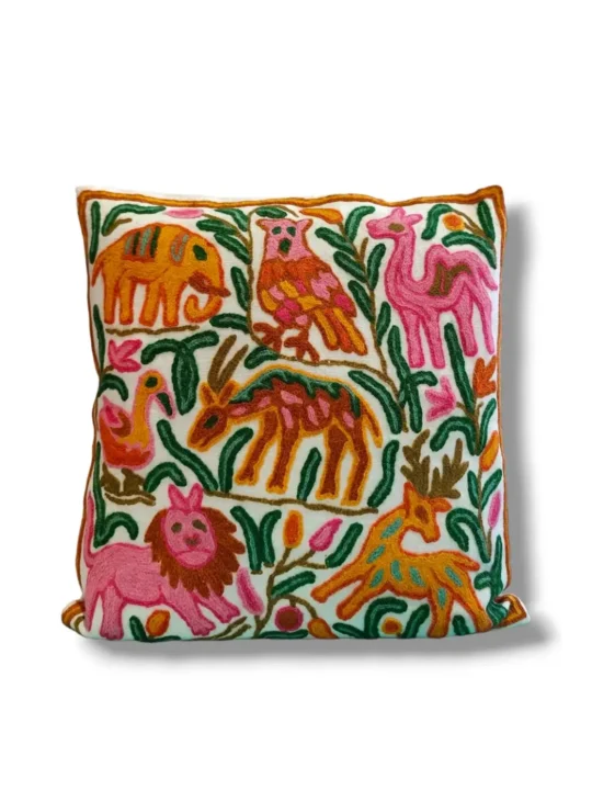 Fauna Kashmiri Hand Embroidery Crewel Cushion Cover - Set of 2 (16x16 Inches)