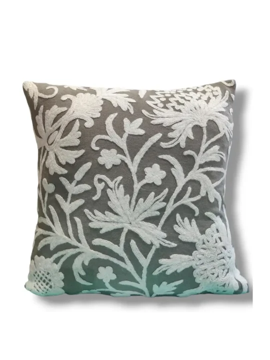White on Grey Kashmiri Hand Embroidery Crewel Cushion Cover - Set of 2 (16x16 Inches)
