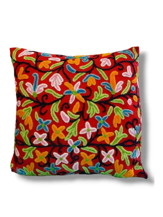 Red Kashmiri Hand Embroidery Crewel Cushion Cover - Set of 2 (16x16 Inches)