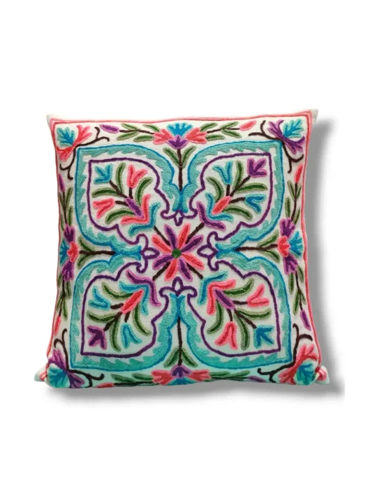 Crewel Embroidered Decorative Throw Pillow Cover 16"x 16", Boho Mandala Modern Thick Embroidery Pattern, Durable Cotton Canvas Soft Cushion Case for Sofa Couch Bed Living Room - Set of 2