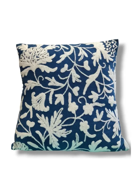 White on Blue Kashmiri Hand Embroidery Crewel Cushion Cover - Set of 2 (16x16 Inches)