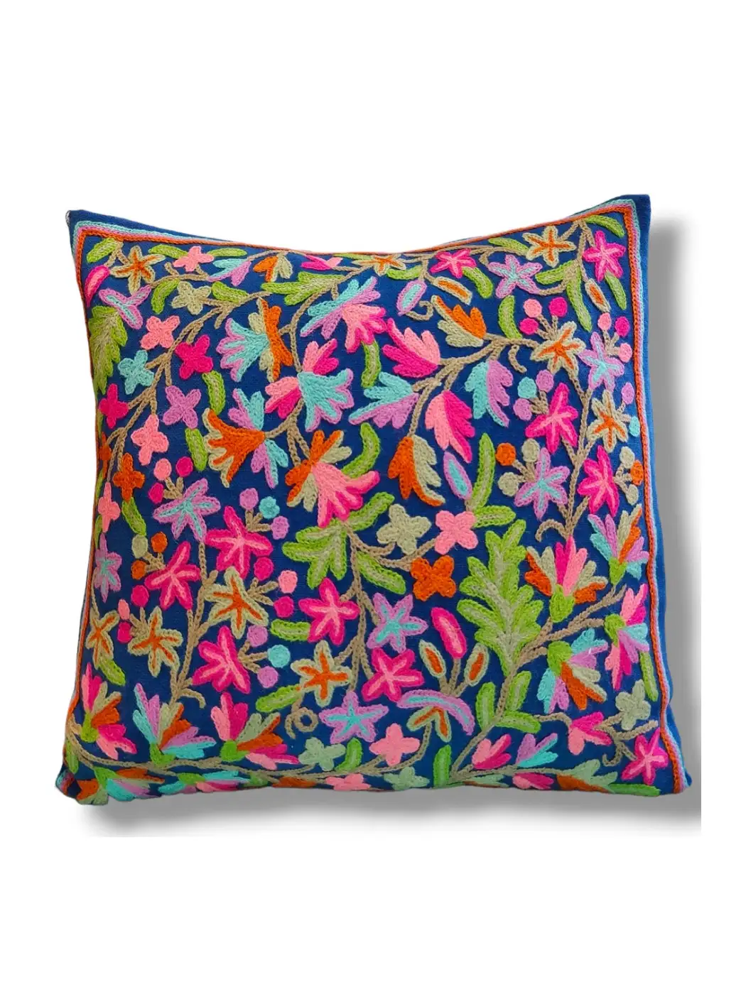 Blue Kashmiri Hand Embroidery Crewel Cushion Cover - Set of 2 (16x16 Inches)