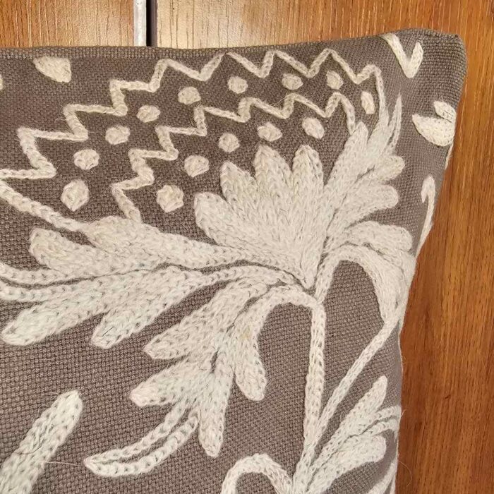 White on Grey Kashmiri Hand Embroidery Crewel Cushion Cover - Set of 2 (16x16 Inches) - Image 2