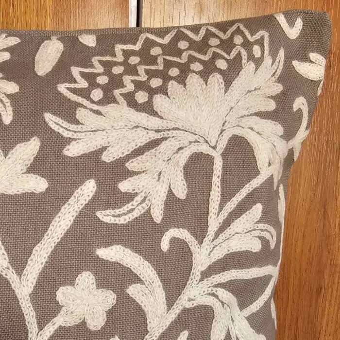 White on Grey Kashmiri Hand Embroidery Crewel Cushion Cover - Set of 2 (16x16 Inches) - Image 3
