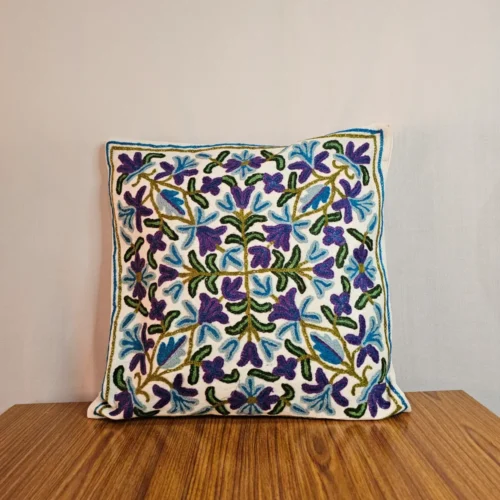 Flower Embroidered Farmhouse Decorative Throw Pillow Cover 16"x 16", Cottage Floral Green Leaves Knit Pattern, 100% Cotton Canvas Cushion Case for Sofa Couch Bedroom Decor (Blue Flowers) - Set of 2